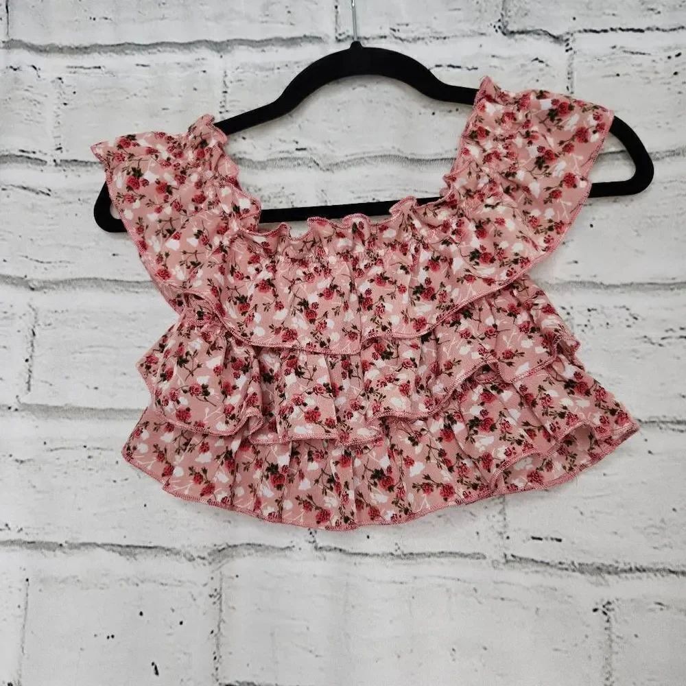 Cider Floral Cropped Elastic Off the Shoulder Top Ruffle Pink Women's XS